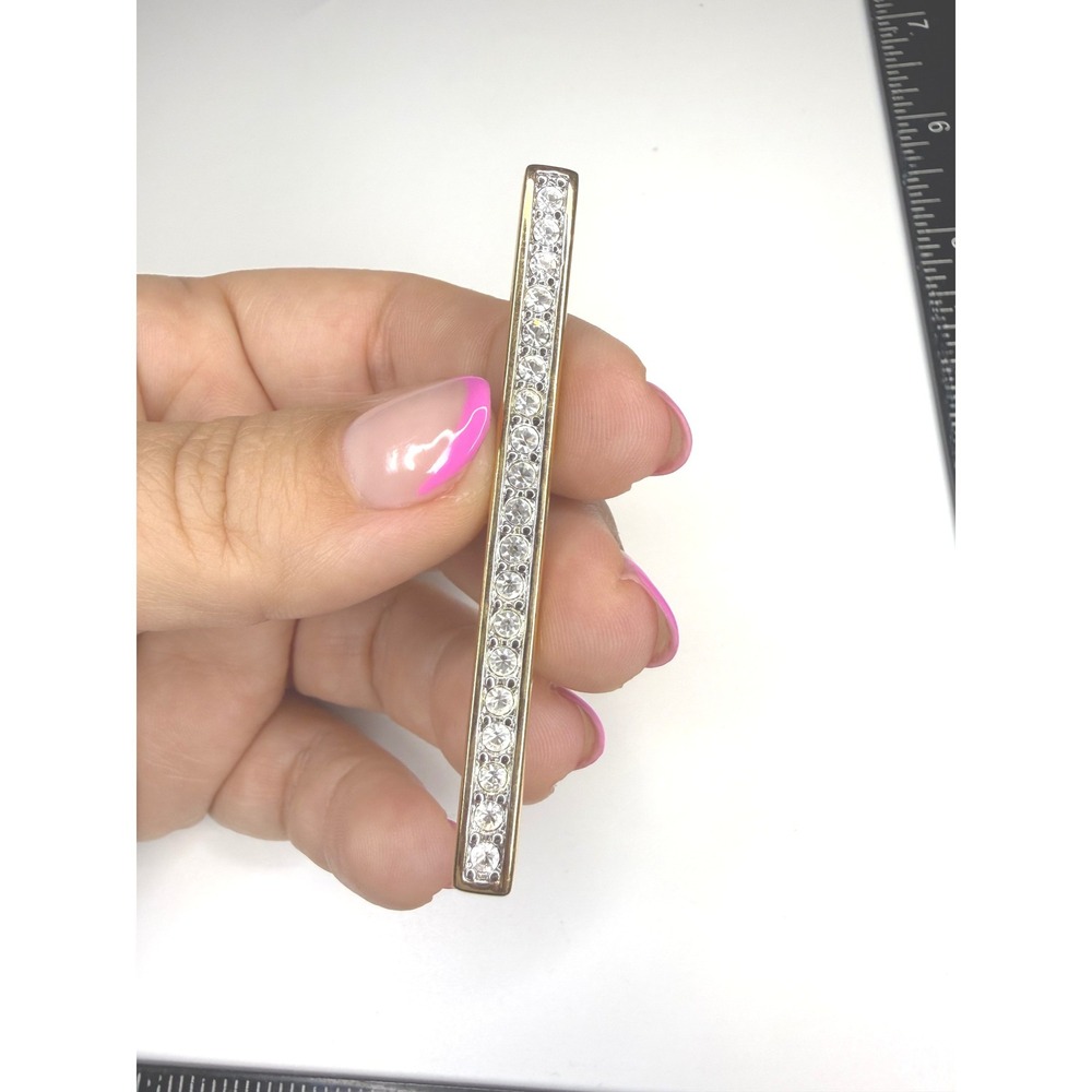 Swarovski Crystal Bar Brooch Gold Tone Pave Clear Stone Swan Logo Pin 2.75 Inch